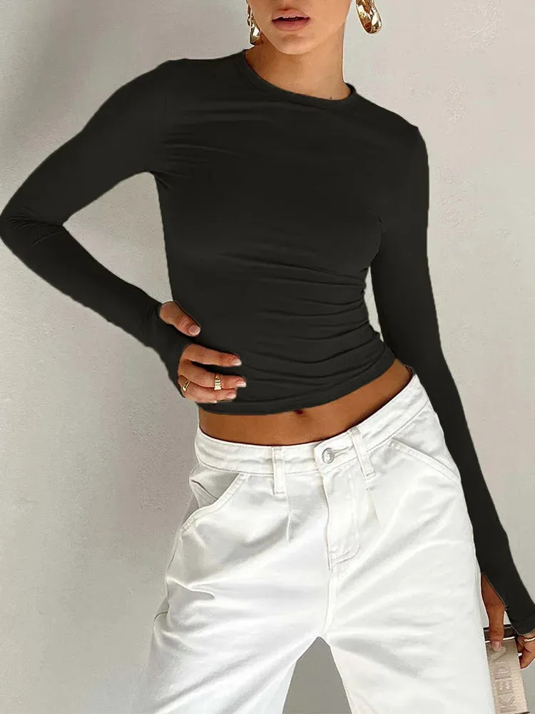Obsidian Phoenix Luxe Women's Long Sleeve Crop Top – Thumb Hole Design for Sporty Elegance