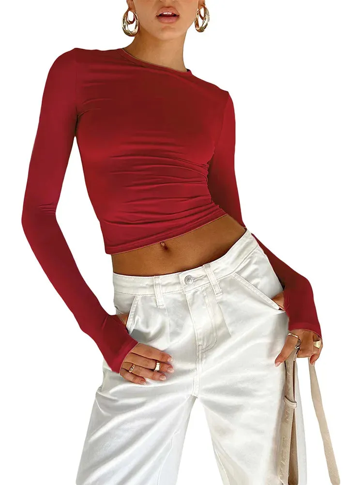 Obsidian Phoenix Luxe Women's Long Sleeve Crop Top – Thumb Hole Design for Sporty Elegance