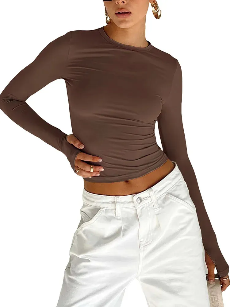 Obsidian Phoenix Luxe Women's Long Sleeve Crop Top – Thumb Hole Design for Sporty Elegance