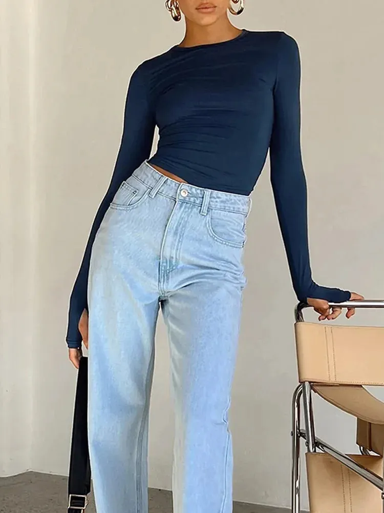 Obsidian Phoenix Luxe Women's Long Sleeve Crop Top – Thumb Hole Design for Sporty Elegance