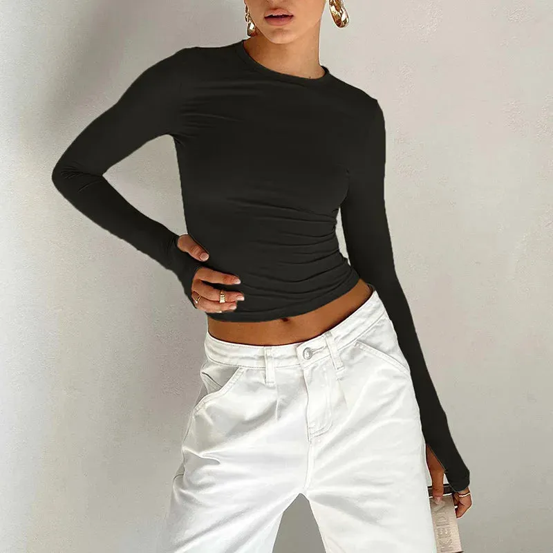 Obsidian Phoenix Luxe Women's Long Sleeve Crop Top – Thumb Hole Design for Sporty Elegance