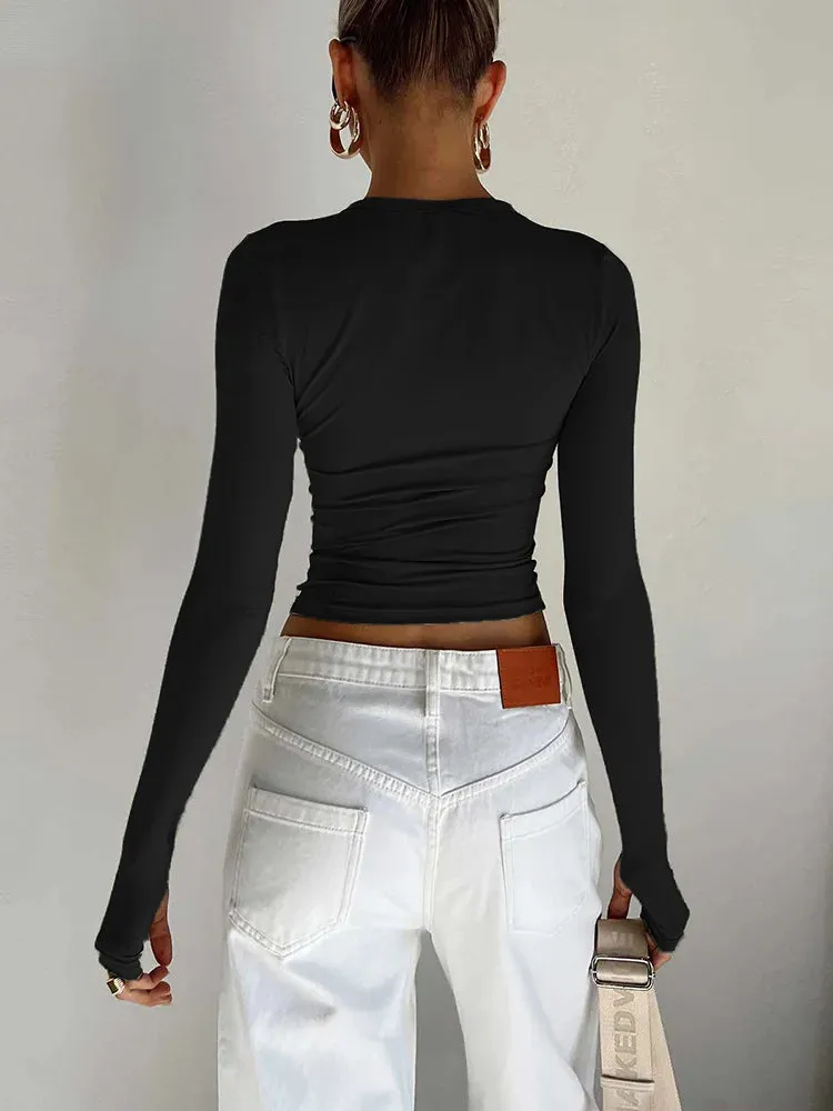 Obsidian Phoenix Luxe Women's Long Sleeve Crop Top – Thumb Hole Design for Sporty Elegance