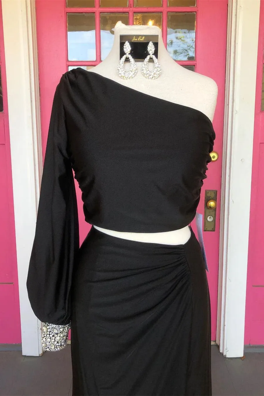 One Shoulder Black Long Dress Two Piece Prom Dress