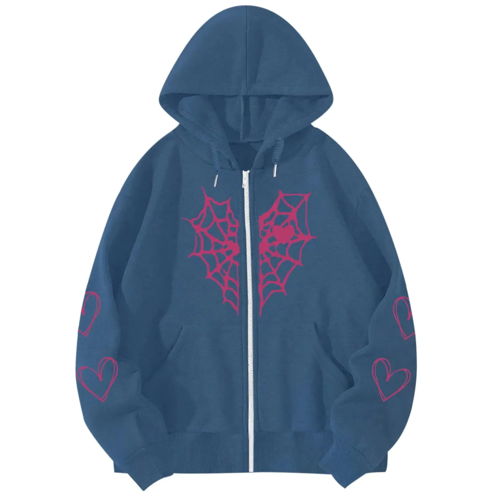 Pairxily Womens Spider Web Graphic Zip Up Hoodie Oversized Goth Harajuku Jacket Y2k Grunge Aesthetic Streetwear Sweatshirt(Navy BlueXL)
