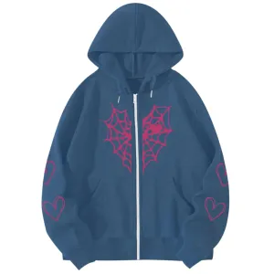 Pairxily Womens Spider Web Graphic Zip Up Hoodie Oversized Goth Harajuku Jacket Y2k Grunge Aesthetic Streetwear Sweatshirt(Navy BlueXL)