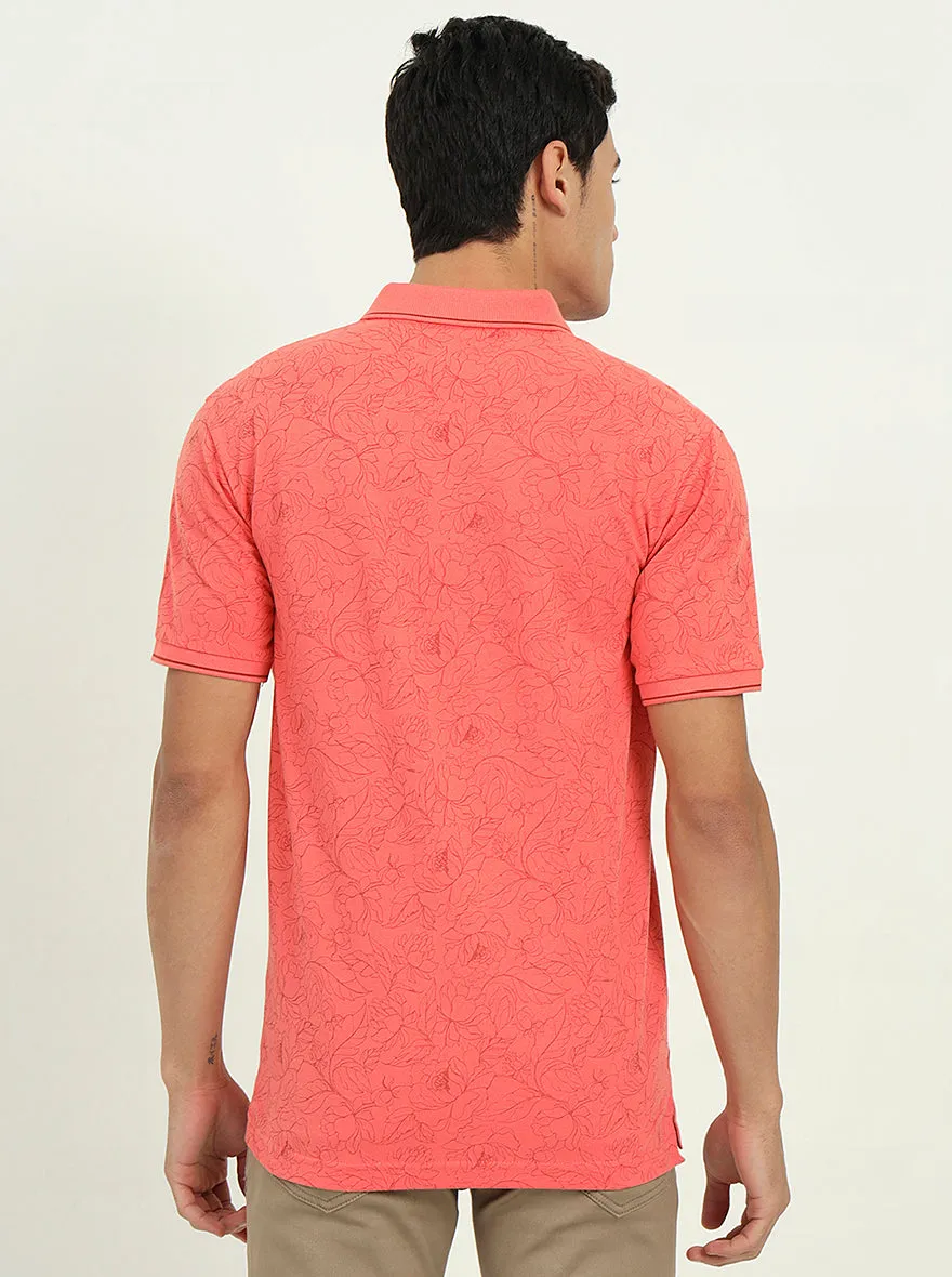Peach Printed Slim Fit Polo T-Shirt | Greenfibre
