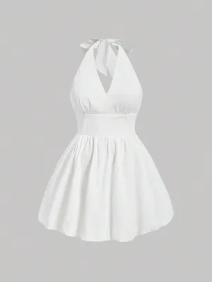 Plus Size Women's Solid Color Halter Strap Dress
