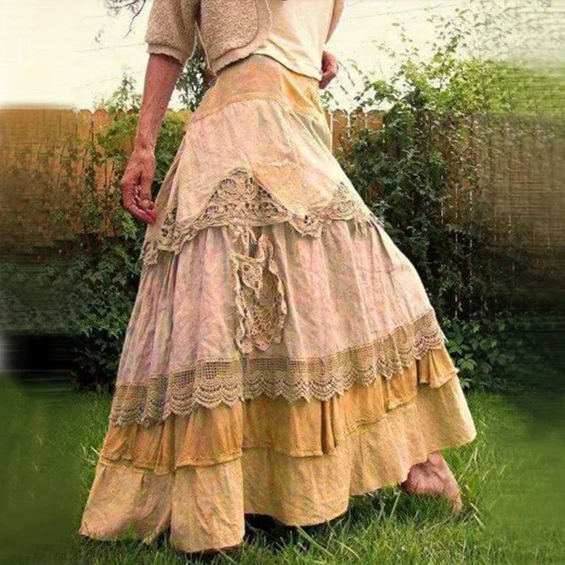 Plus Size Women's Summer Vintage Ruffles Oversized Lace Maxi Skirts