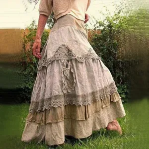 Plus Size Women's Summer Vintage Ruffles Oversized Lace Maxi Skirts