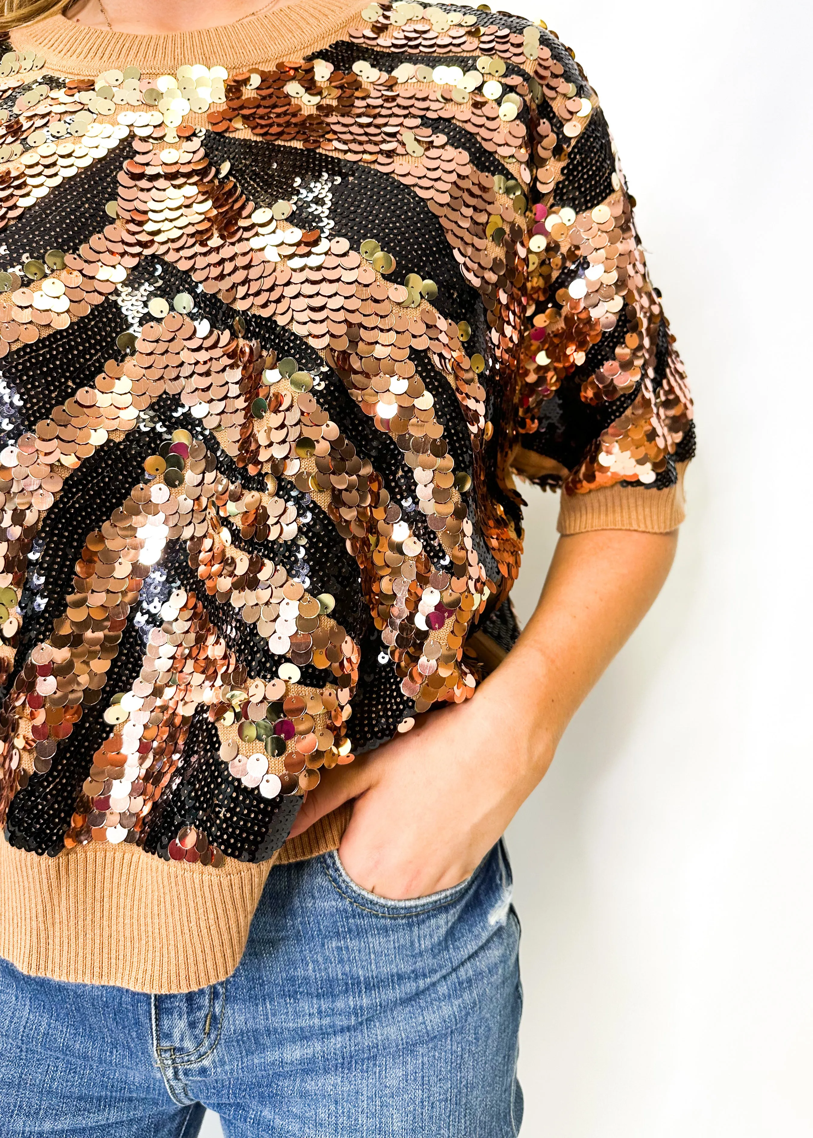 Queen of Sparkles Tan & Black Tiger Full Sequin Sweater