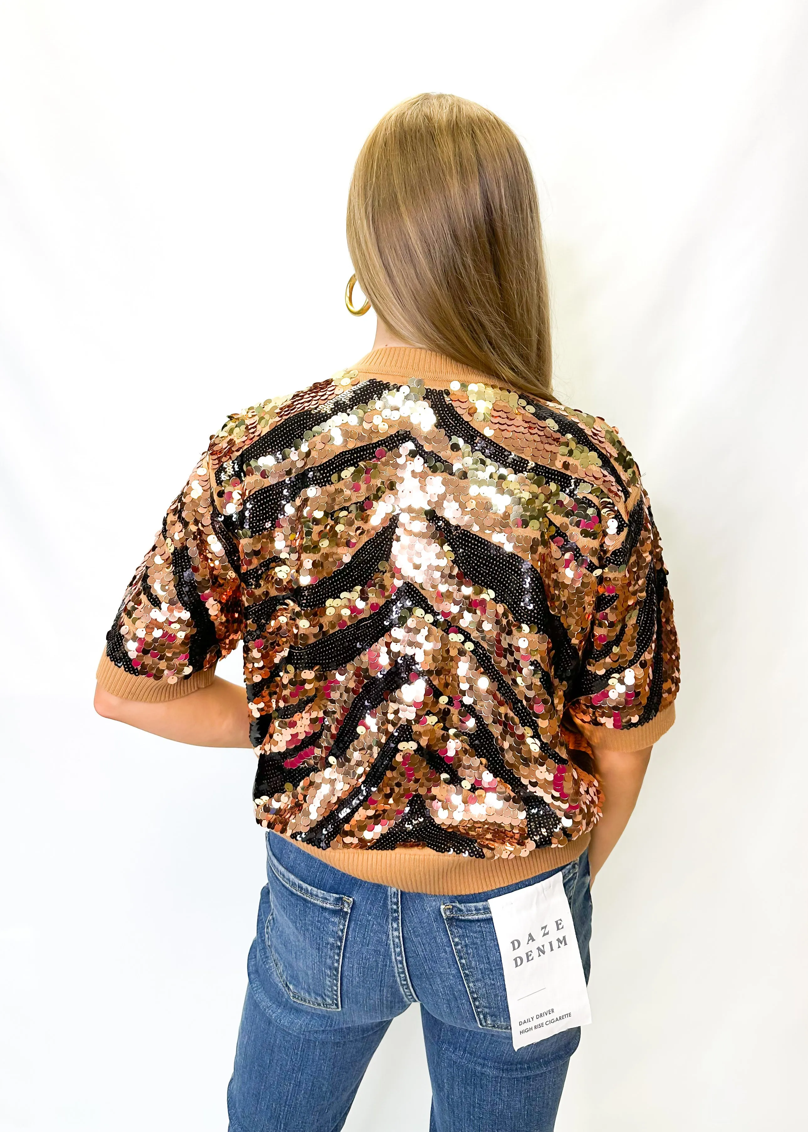 Queen of Sparkles Tan & Black Tiger Full Sequin Sweater
