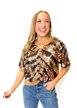 Queen of Sparkles Tan & Black Tiger Full Sequin Sweater