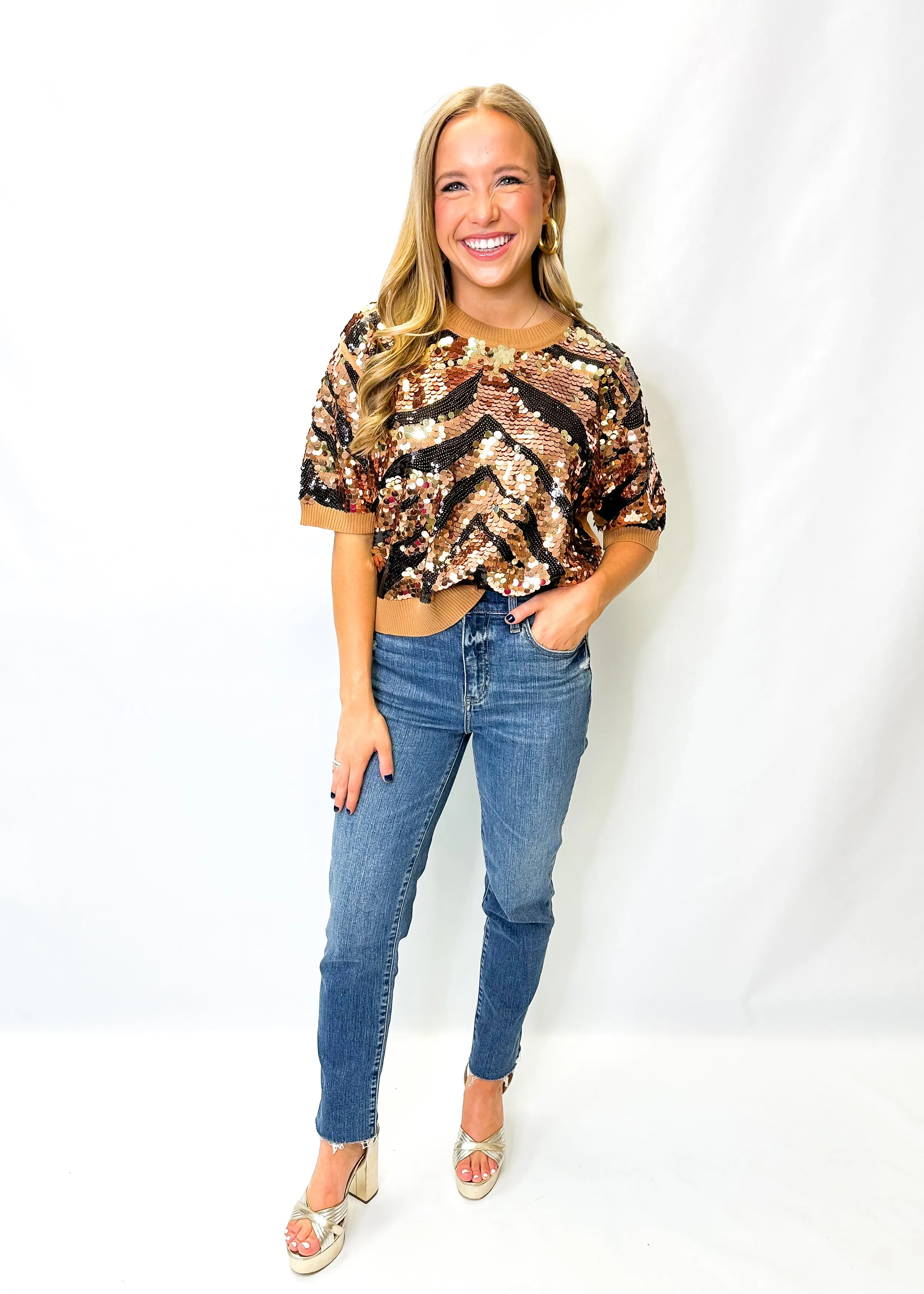 Queen of Sparkles Tan & Black Tiger Full Sequin Sweater