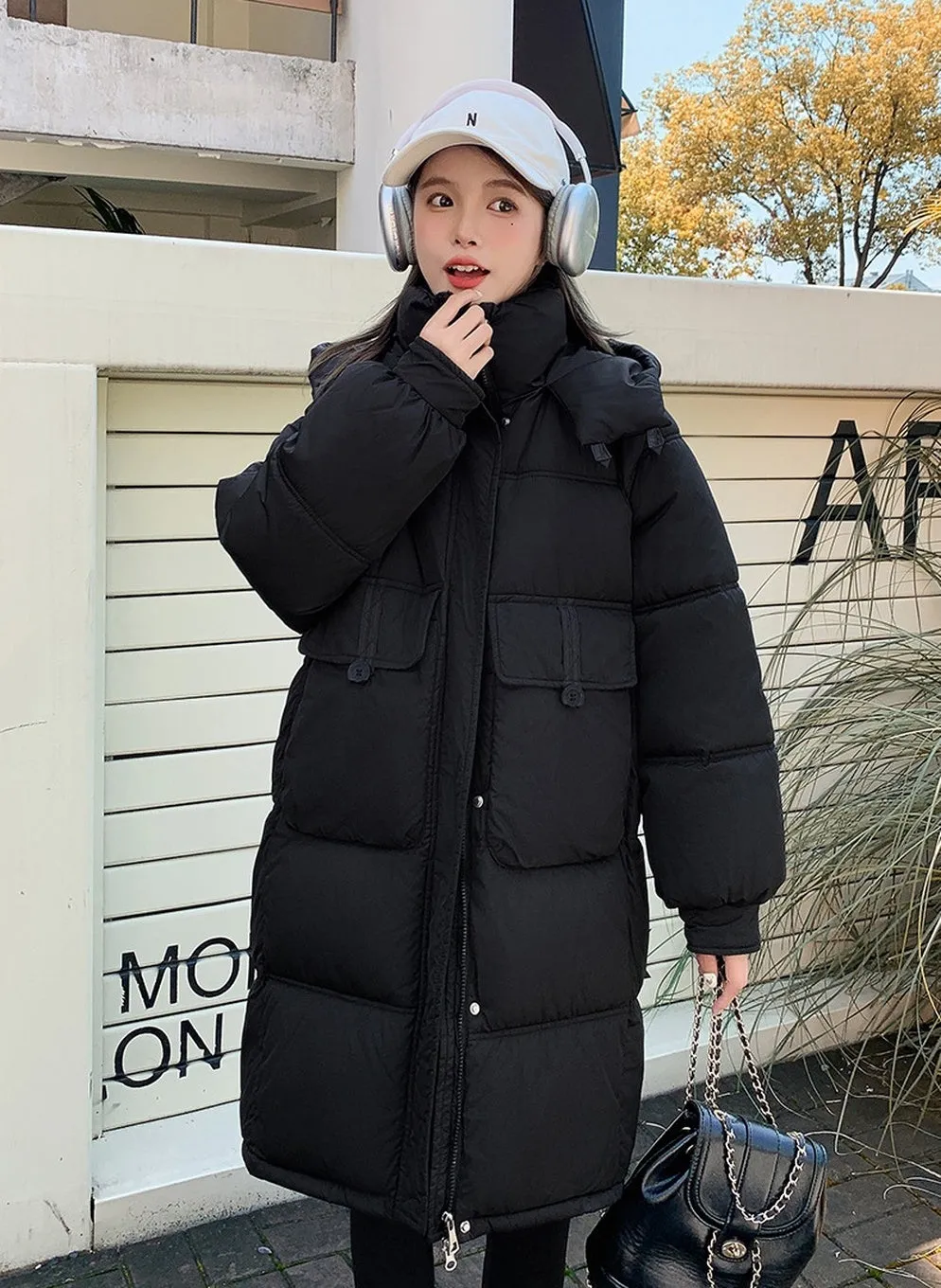 Relaxed-fit Knee-length Puffer Coat with Bellows Pocket