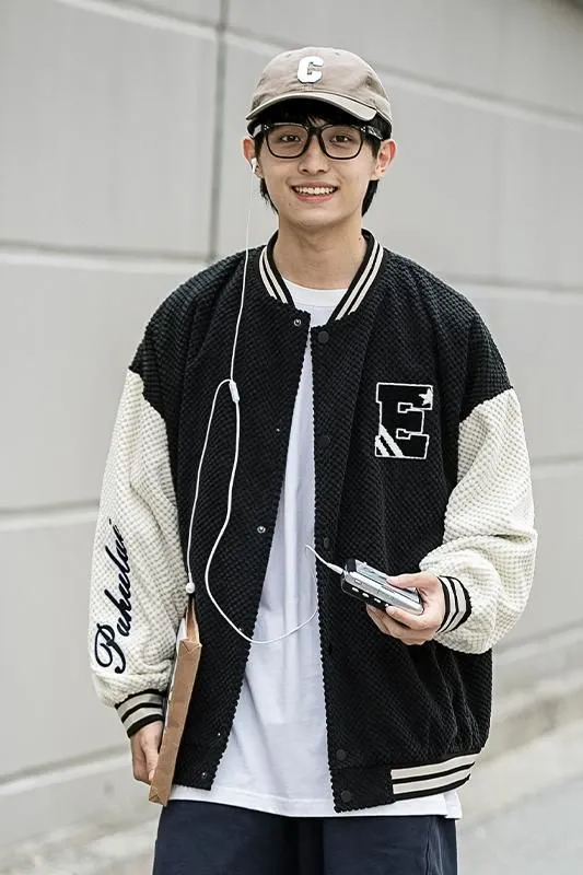 Relaxed-fit Varsity Jacket Featuring Elastic Band Cuffs and Button-up Design