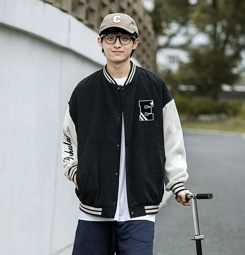 Relaxed-fit Varsity Jacket Featuring Elastic Band Cuffs and Button-up Design