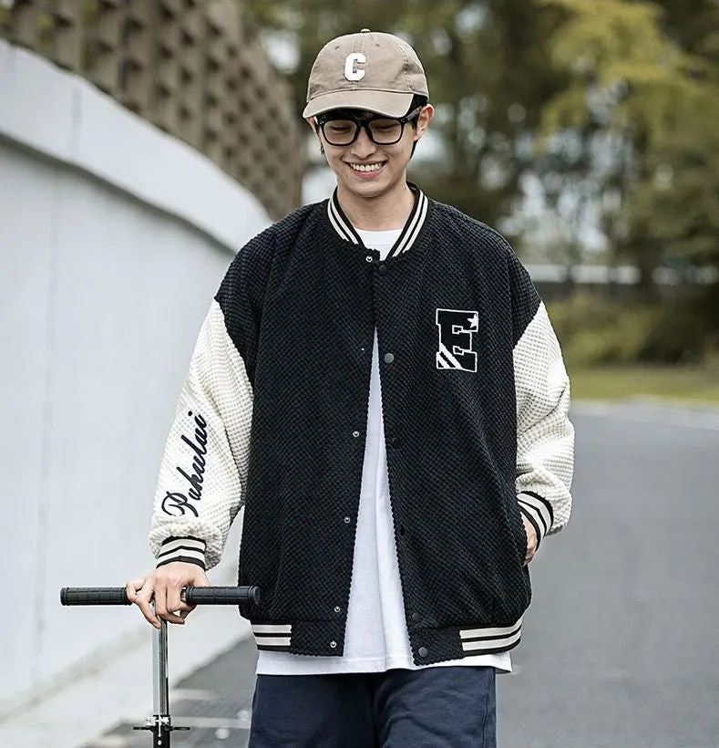 Relaxed-fit Varsity Jacket Featuring Elastic Band Cuffs and Button-up Design