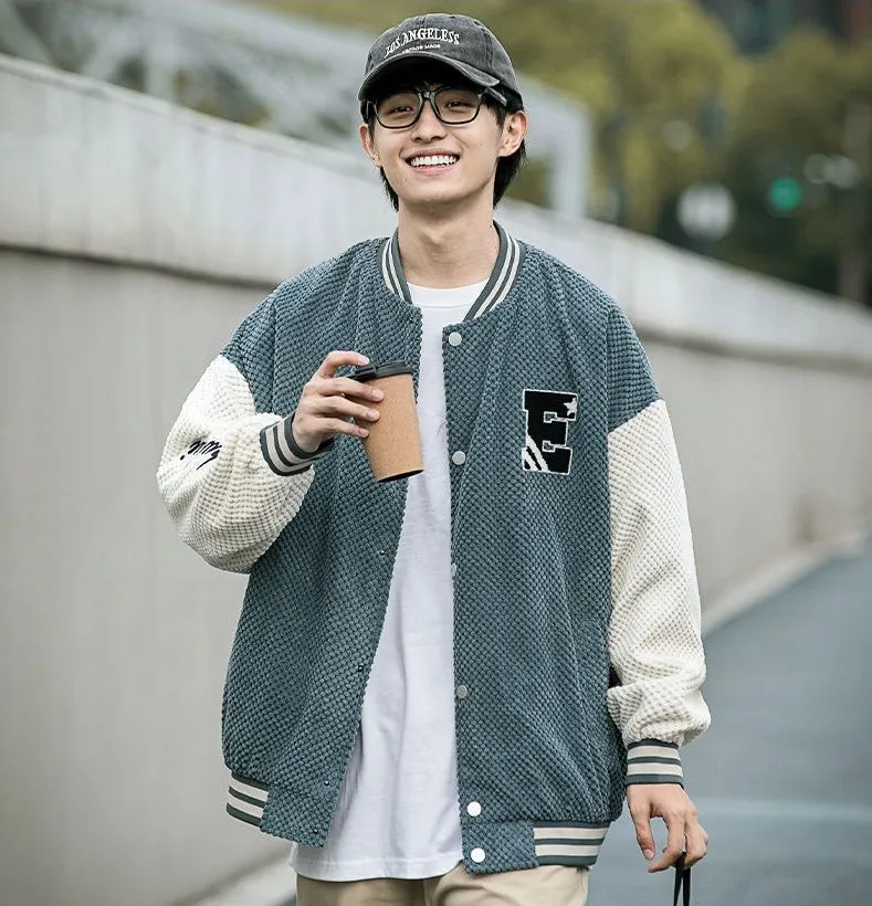Relaxed-fit Varsity Jacket Featuring Elastic Band Cuffs and Button-up Design