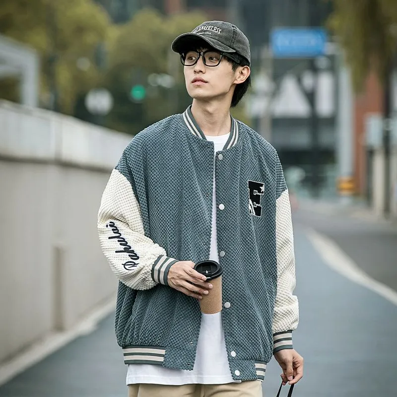 Relaxed-fit Varsity Jacket Featuring Elastic Band Cuffs and Button-up Design
