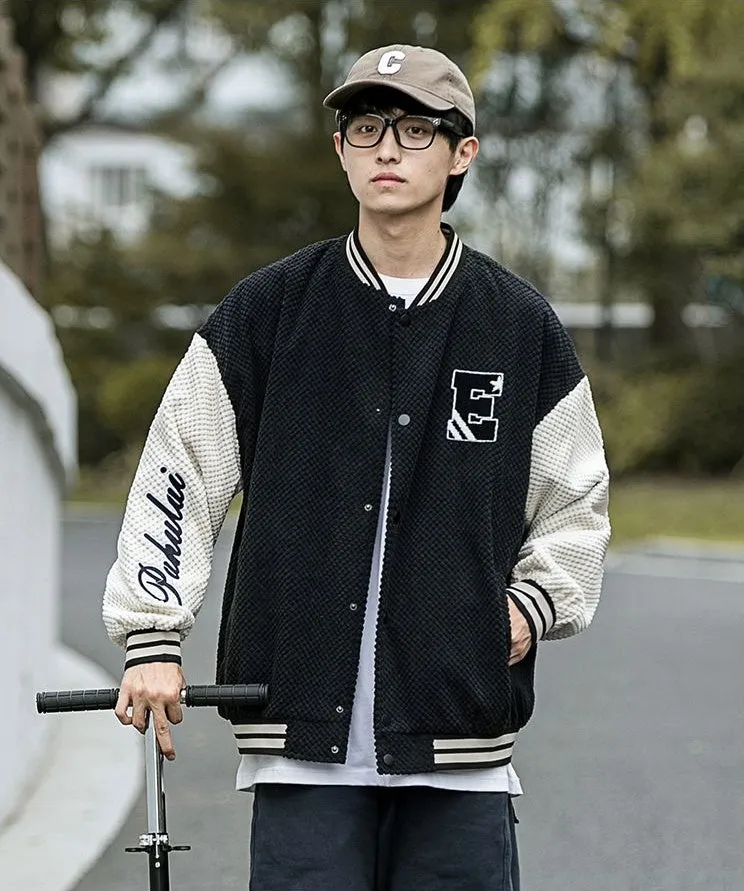 Relaxed-fit Varsity Jacket Featuring Elastic Band Cuffs and Button-up Design
