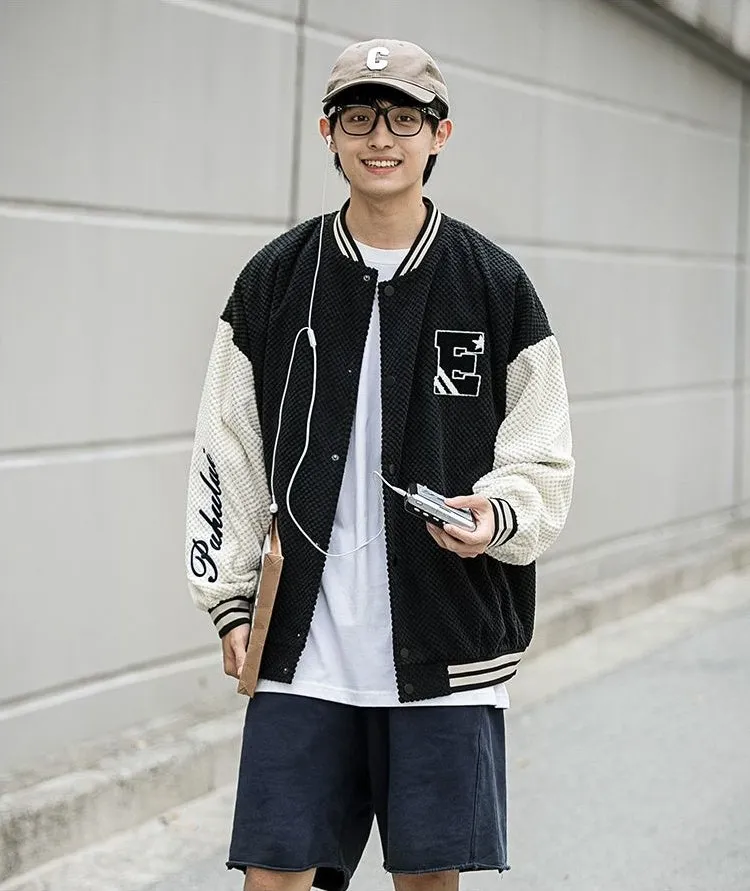Relaxed-fit Varsity Jacket Featuring Elastic Band Cuffs and Button-up Design