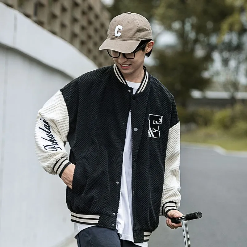 Relaxed-fit Varsity Jacket Featuring Elastic Band Cuffs and Button-up Design