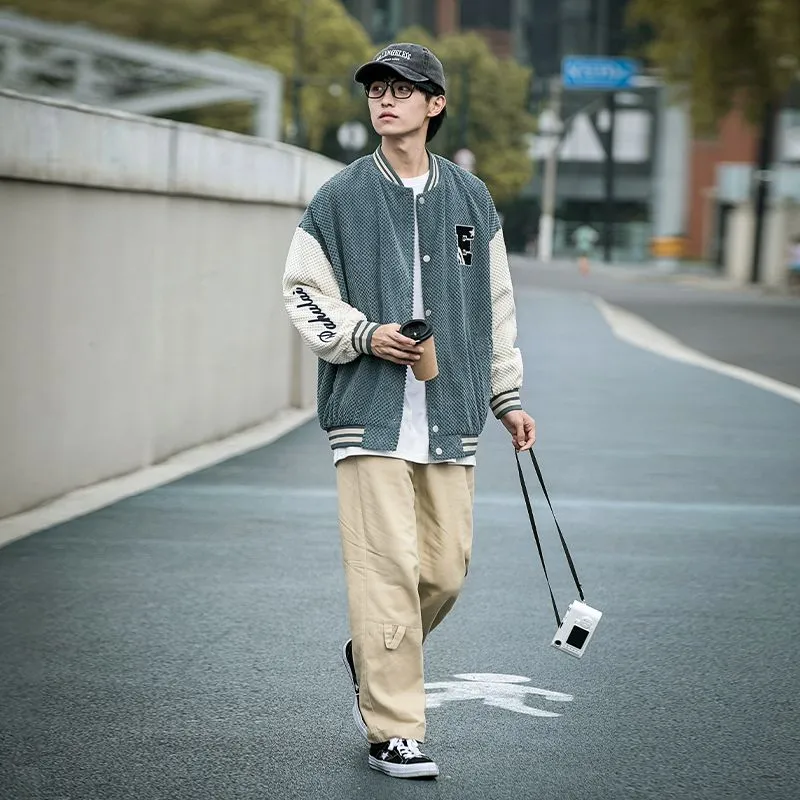 Relaxed-fit Varsity Jacket Featuring Elastic Band Cuffs and Button-up Design