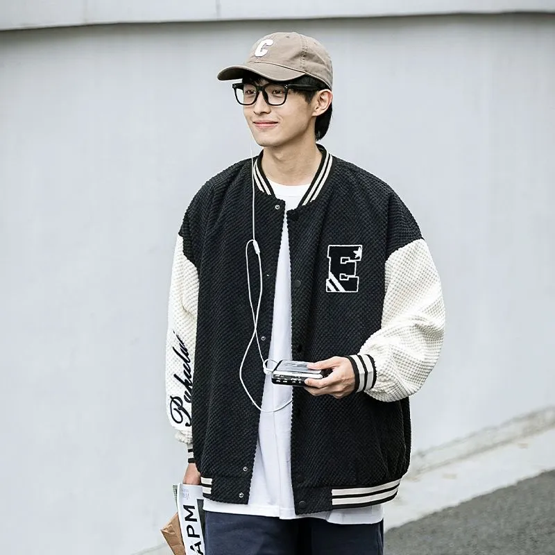 Relaxed-fit Varsity Jacket Featuring Elastic Band Cuffs and Button-up Design