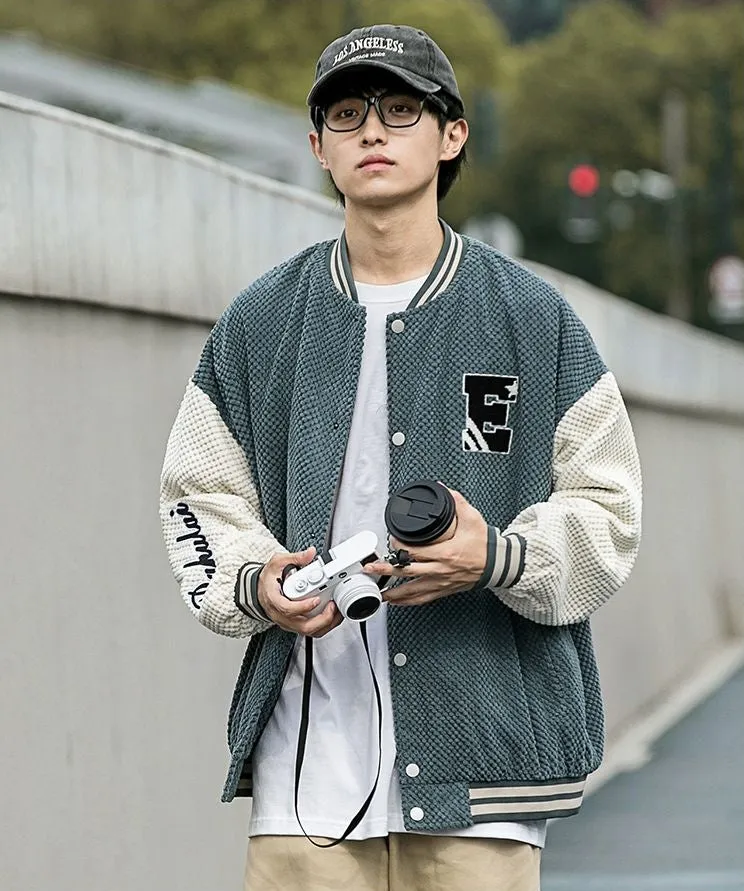 Relaxed-fit Varsity Jacket Featuring Elastic Band Cuffs and Button-up Design