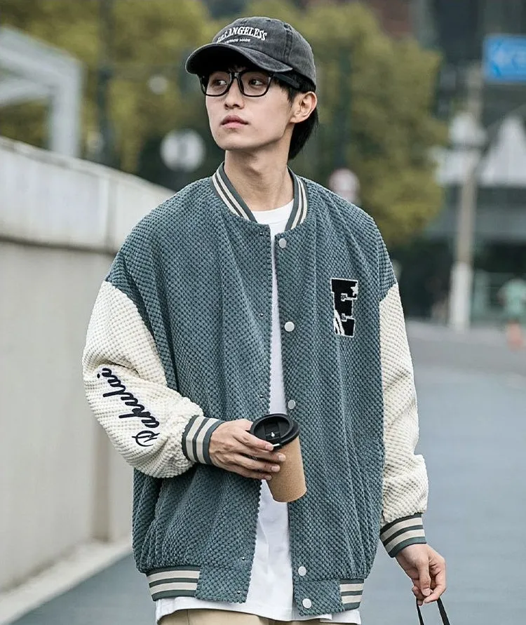 Relaxed-fit Varsity Jacket Featuring Elastic Band Cuffs and Button-up Design