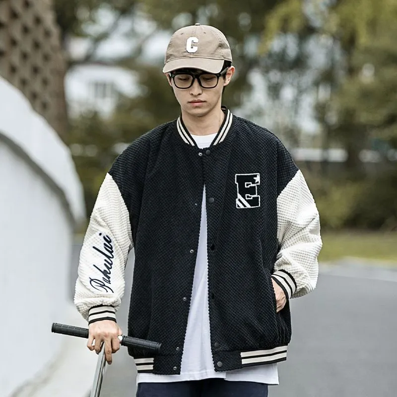 Relaxed-fit Varsity Jacket Featuring Elastic Band Cuffs and Button-up Design