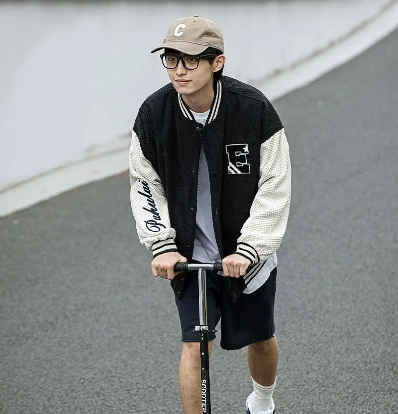 Relaxed-fit Varsity Jacket Featuring Elastic Band Cuffs and Button-up Design