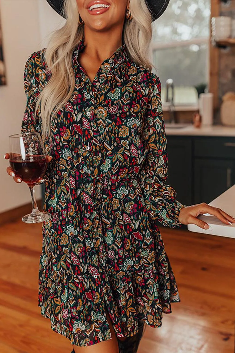 Retro Floral Tie Waist Ruffle Shirt Dress