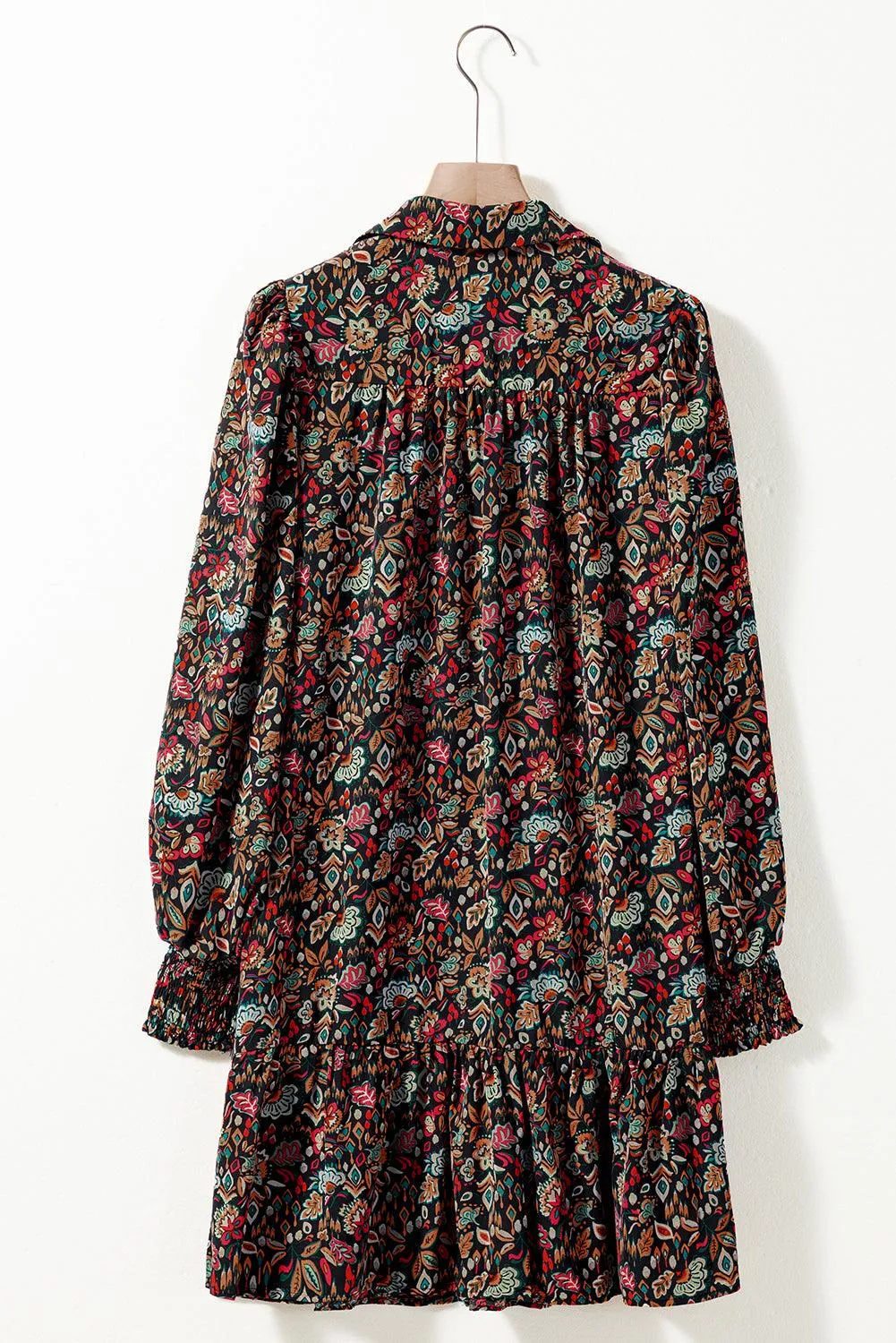 Retro Floral Tie Waist Ruffle Shirt Dress