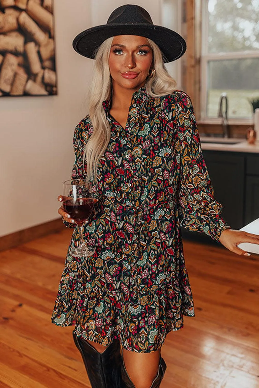 Retro Floral Tie Waist Ruffle Shirt Dress