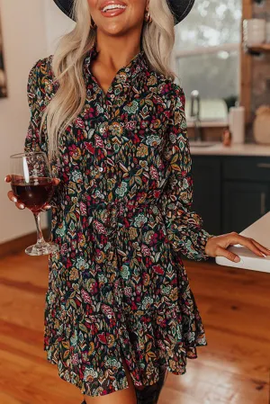 Retro Floral Tie Waist Ruffle Shirt Dress