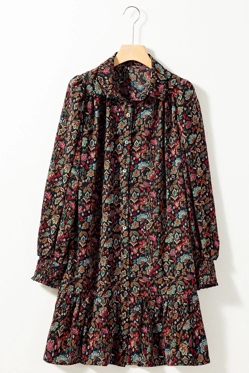 Retro Floral Tie Waist Ruffle Shirt Dress