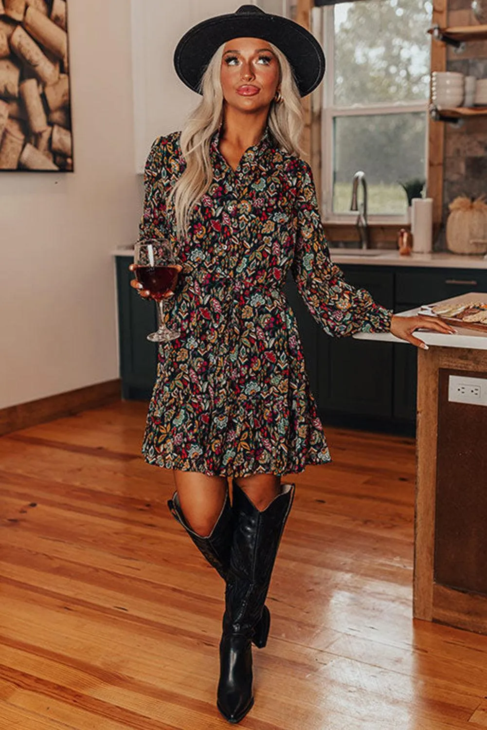 Retro Floral Tie Waist Ruffle Shirt Dress