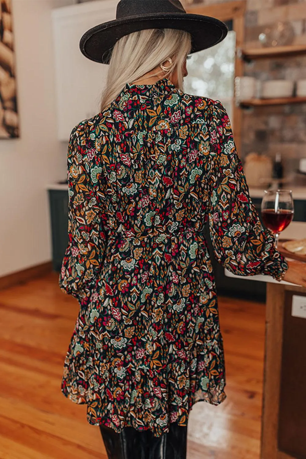 Retro Floral Tie Waist Ruffle Shirt Dress