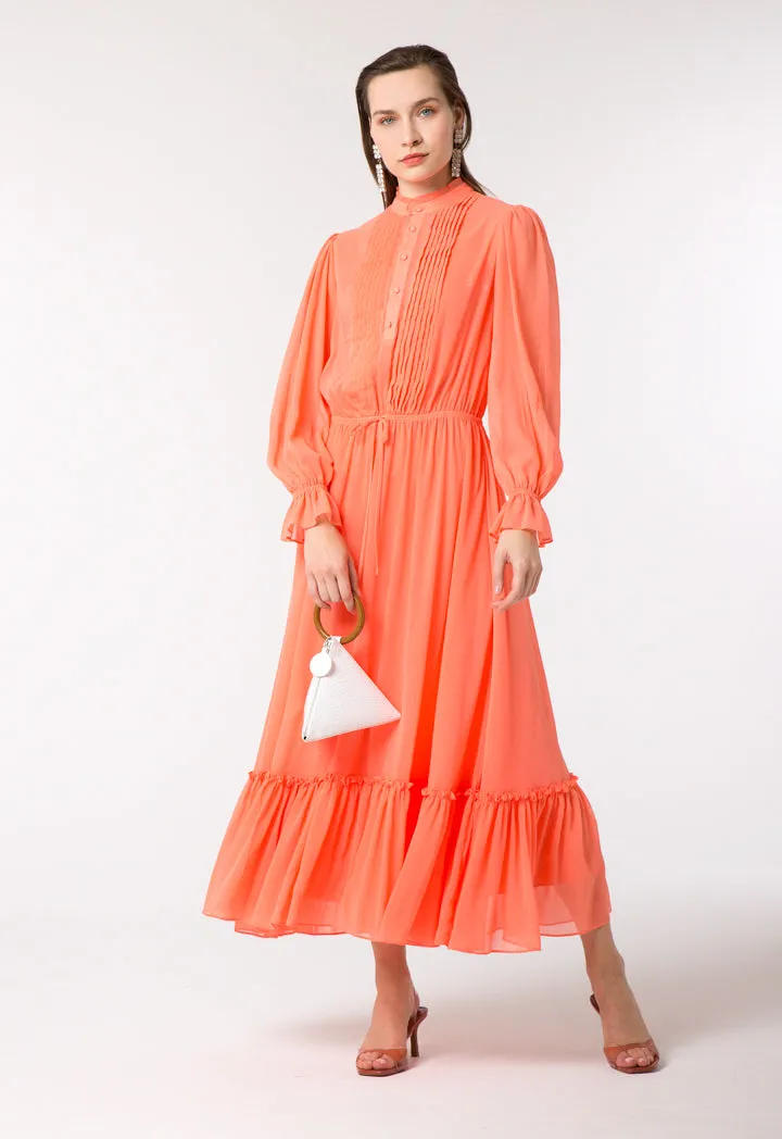 Ribbed Crepe Pleated Yoke Dress