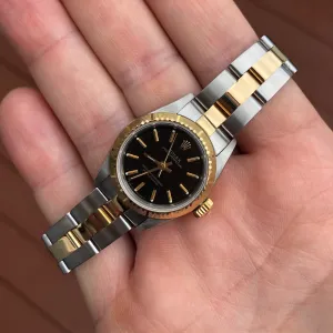 Rolex Oyster Perpetual 67243 Ladies Black Two Tone Steel Gold Wristwatch Box Papers