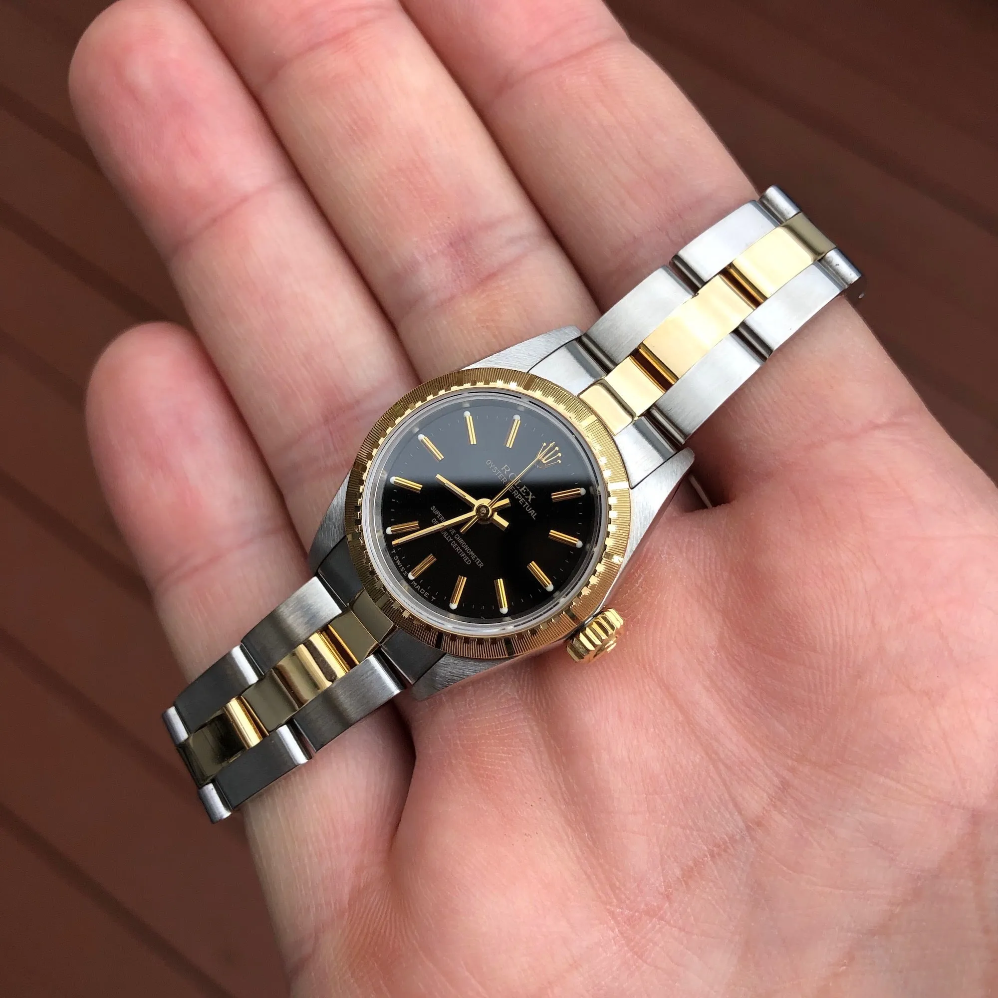Rolex Oyster Perpetual 67243 Ladies Black Two Tone Steel Gold Wristwatch Box Papers