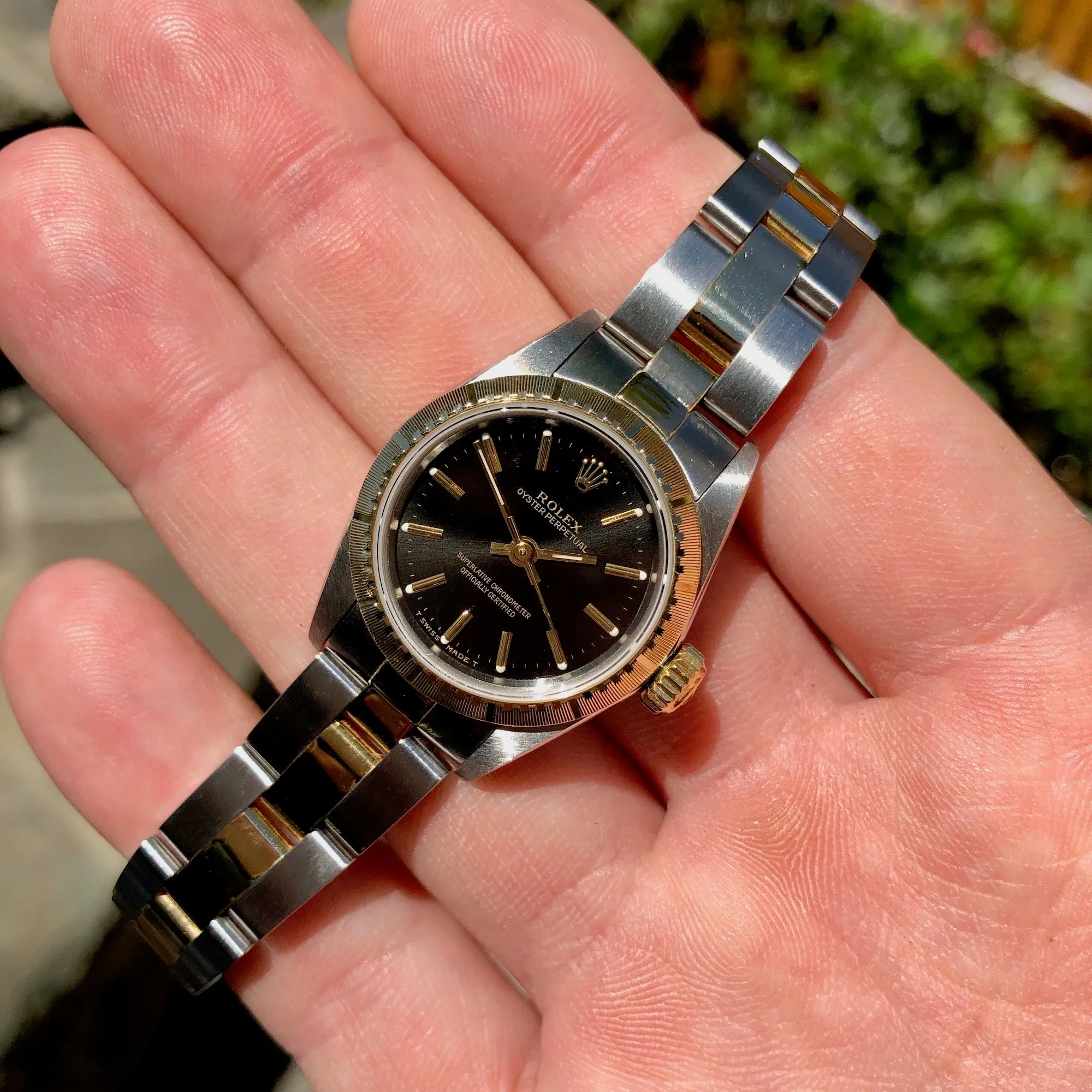 Rolex Oyster Perpetual 67243 Ladies Black Two Tone Steel Gold Wristwatch Box Papers