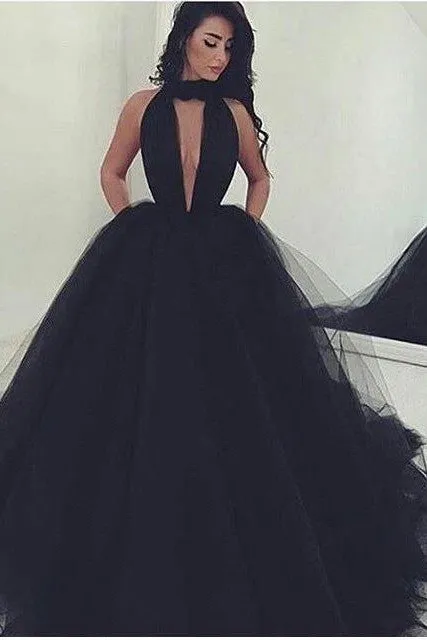 Sexy Ball Gown Black Prom Dress Long Tulle Deep V-neck