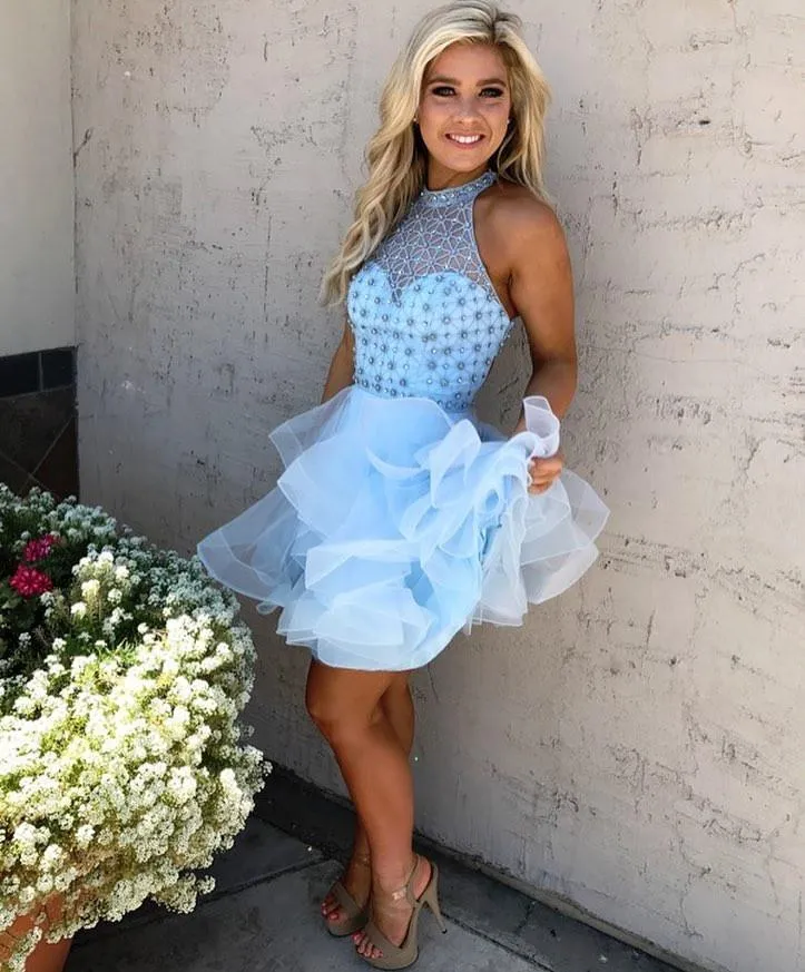 Sexy Open Back Halter Rhinestone Short Homecoming Dresses 2018, BDY0318