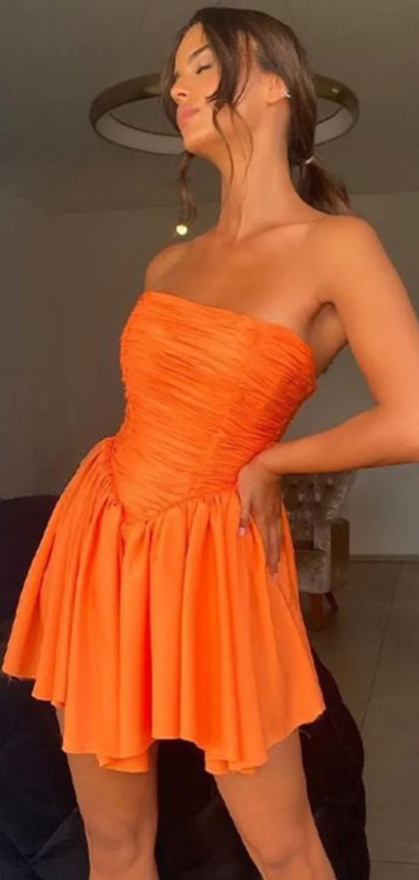 Sexy Orange A-Line Tulle Strapless Pleats Ruffles Short Homecoming Dresses , QB0546