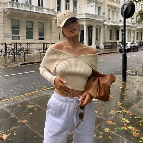 Sexy Pile Collar Off Shoulder Knit Sweater Blouse