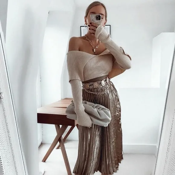 Sexy Pile Collar Off Shoulder Knit Sweater Blouse