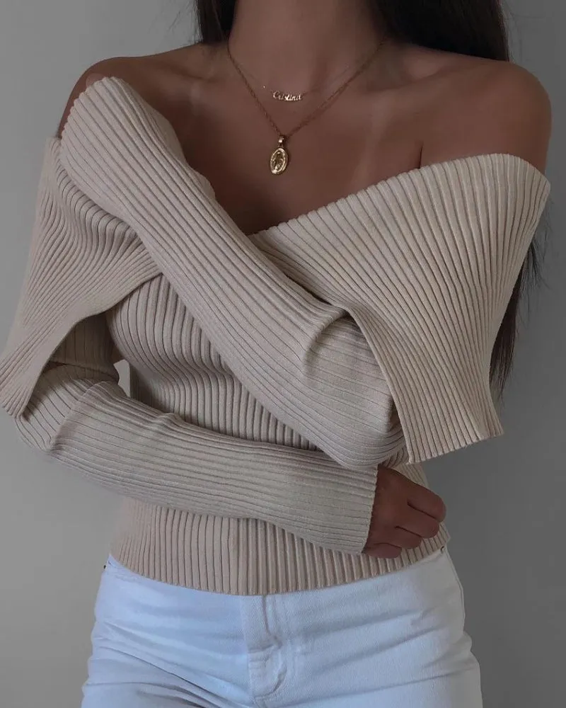 Sexy Pile Collar Off Shoulder Knit Sweater Blouse