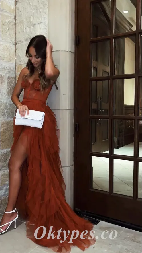Sexy Rust Tulle And Lace Sweetheart Sleeveless Side Slit Mermaid Long Prom Dresses,PDS0615